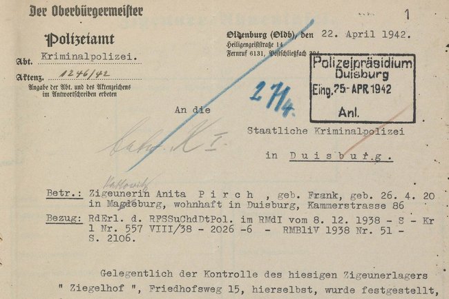 Ein Dokumentenausschnitt, der zum ersten Mal den Ziegelhof von Seiten der Oldenburger Kripo als "Zigeunerlager" bezeichnet.